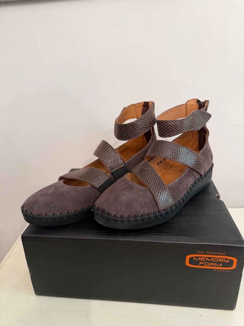 bernie mev. Brown Suede Flats with Textured Strap Detail